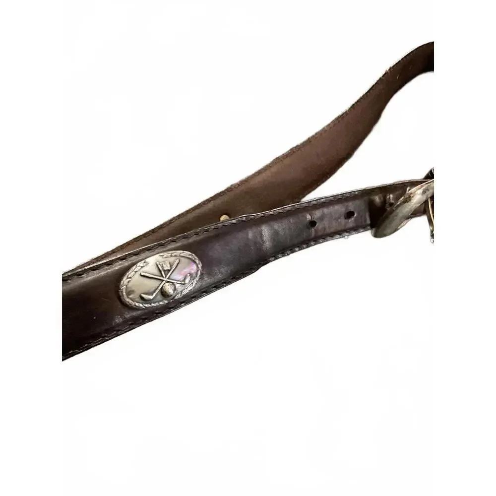 Vintage Brown Full Grain Leather Golf Belt with Silver Golf Emblems Size 36